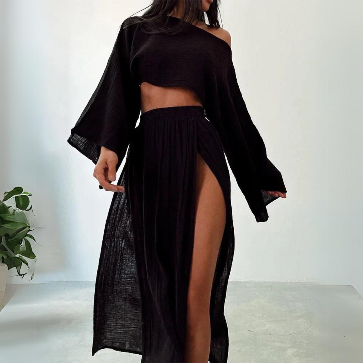 Levoire | Haut Court Col Rond Taille Haute Jupe Ensemble Ensemble Deux Pièces Noir