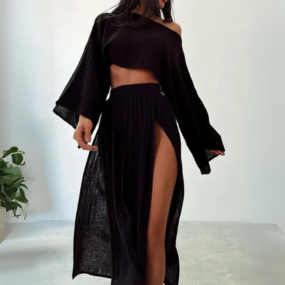 Levoire | Haut Court Col Rond Taille Haute Jupe Ensemble Ensemble Deux Pièces Noir