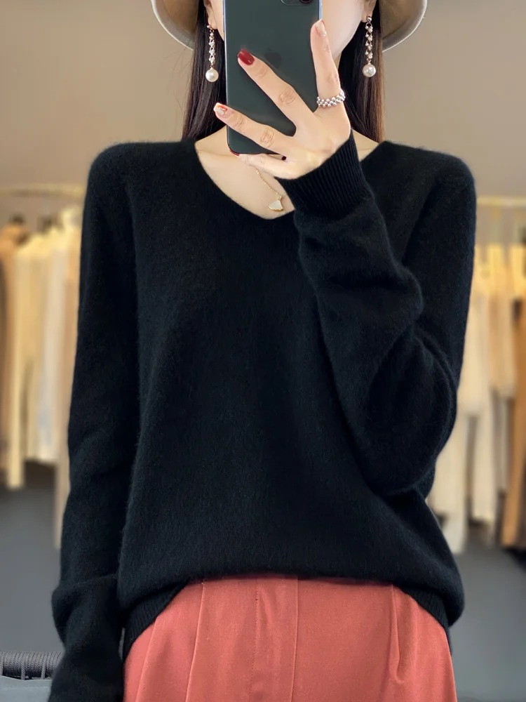 Levoire | Kashmir pull Femme Élégant Col en V, Doux & Confortable Noir