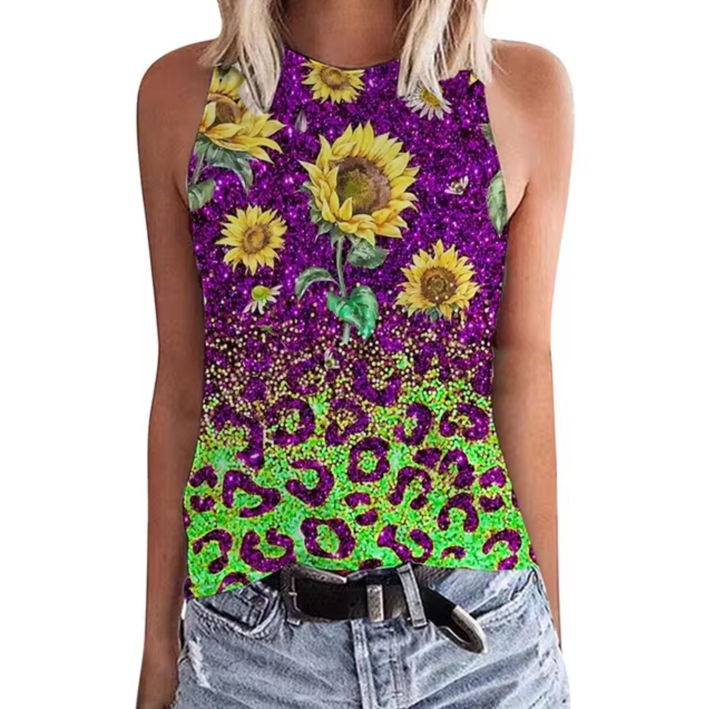 Levoire | T-Shirt Sans Manches Avec Motif De Tournesols Vert violet
