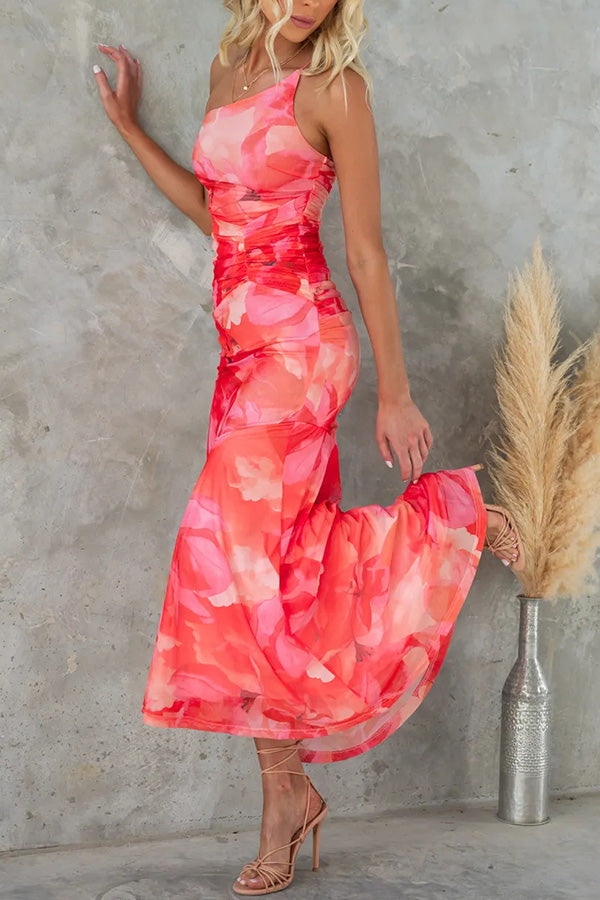Levoire | Robe longue, extensible et plissée à imprimé floral avec superposition de maille