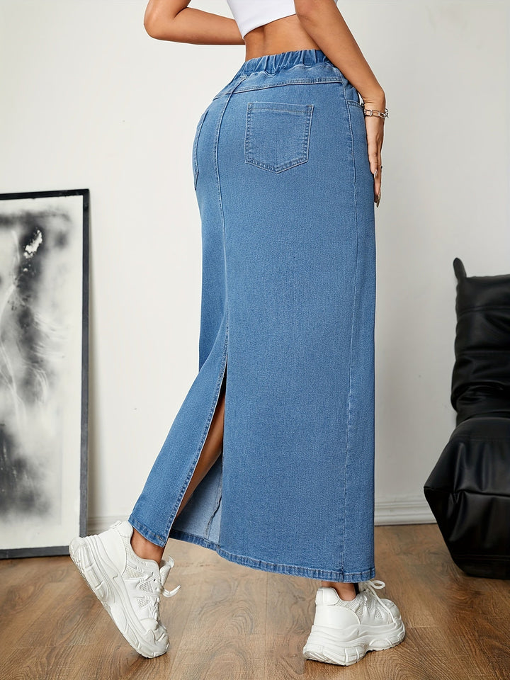 Levoire | Pestitty Bleu Jupe Maxi Dénim A Taille Élastique Et Fente Au Dos