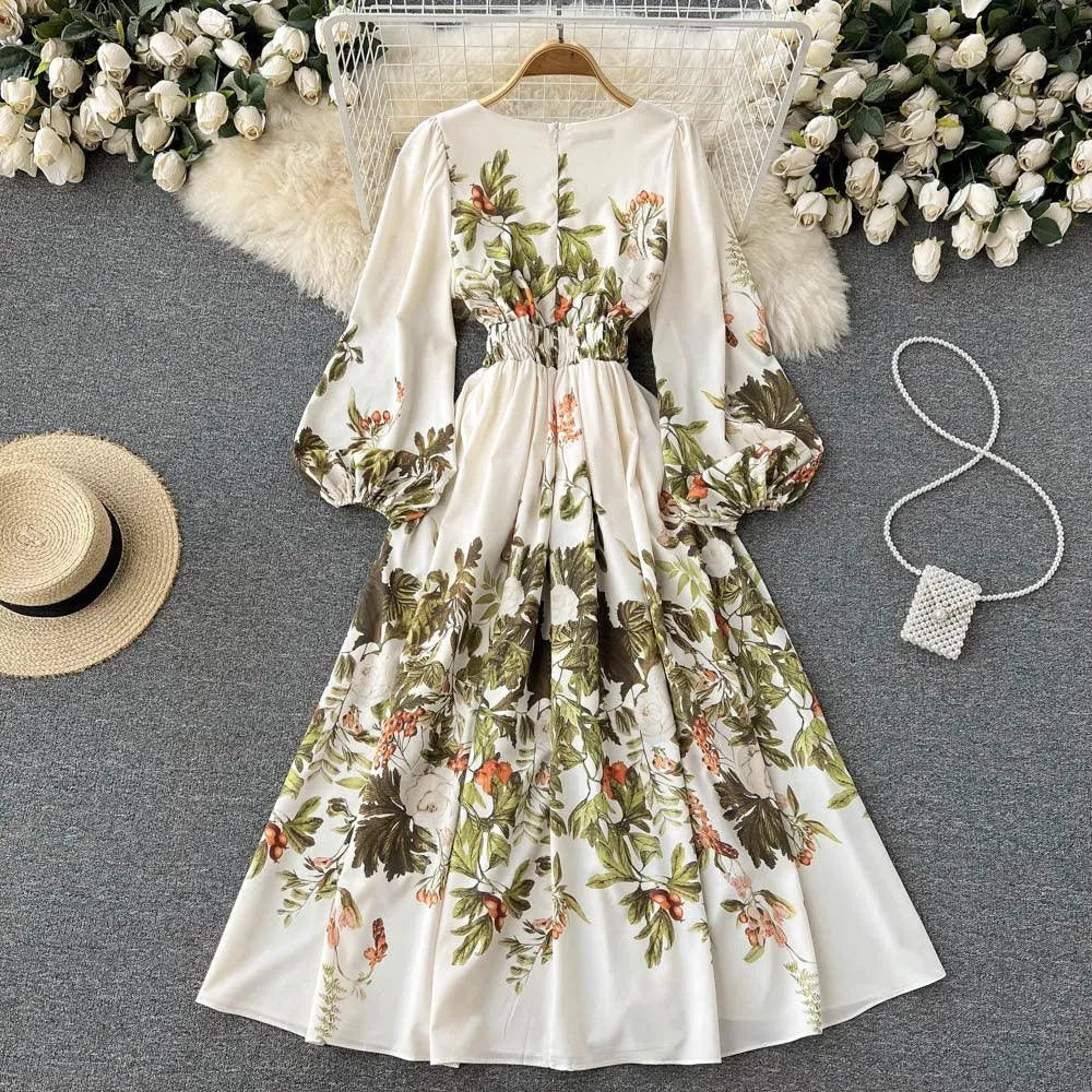 Levoire | Robe à fleurs rétro française écrite avec décolleté en V Blanc