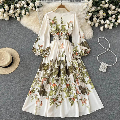 Levoire | Robe à fleurs rétro française écrite avec décolleté en V Blanc