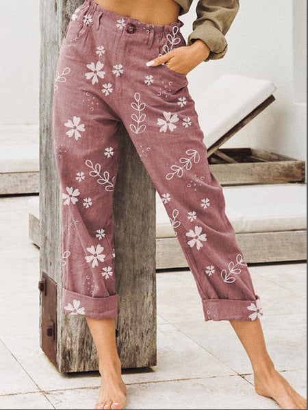 Pantalons cargo pour femmes avec motif floral et taille élastique Levoire