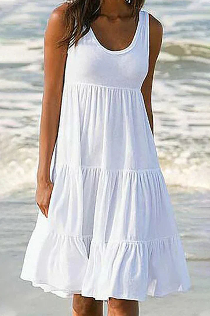 Levoire | Robe jupe pastel à col rond en patchwork uni et doux à la mode Blanc