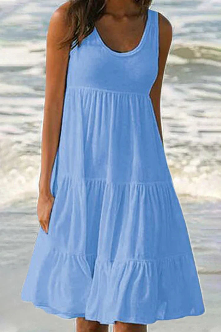 Levoire | Robe jupe pastel à col rond en patchwork uni et doux à la mode Bleu