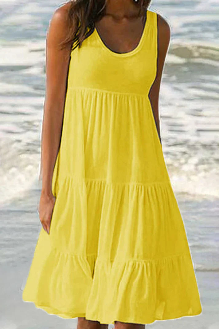 Levoire | Robe jupe pastel à col rond en patchwork uni et doux à la mode Jaune