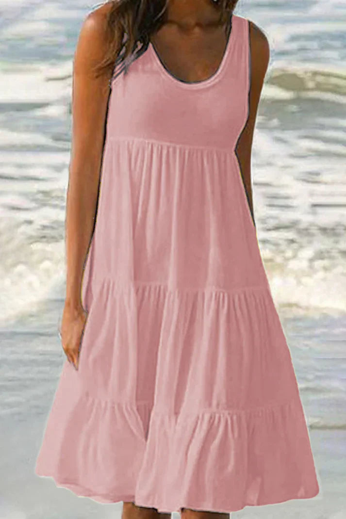 Levoire | Robe jupe pastel à col rond en patchwork uni et doux à la mode Rose