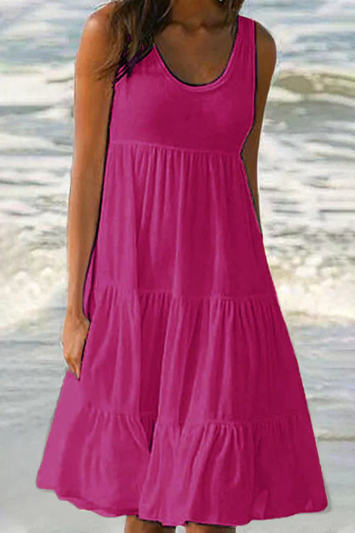 Levoire | Robe jupe pastel à col rond en patchwork uni et doux à la mode Rouge
