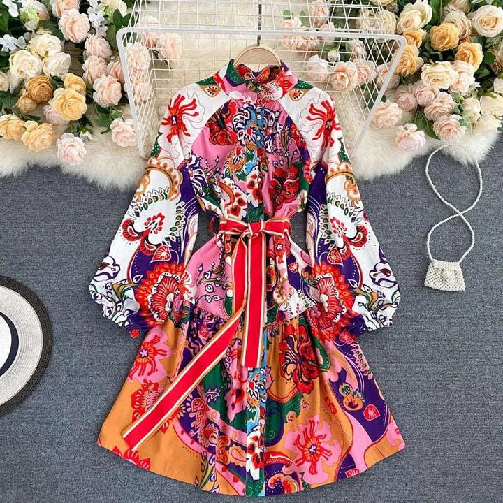 Levoire | Robe Imprimée de Style Bohème avec Encolure Ronde et Partie Taille Rot