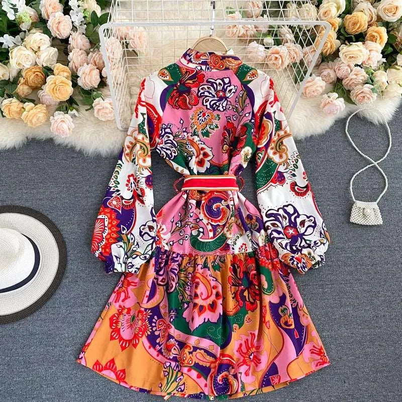Levoire | Robe Imprimée de Style Bohème avec Encolure Ronde et Partie Taille