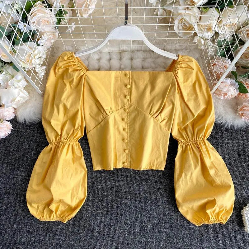 Levoire | Chemisier non mélangeant avec fermeture à boutons et col carré français Jaune Une taille