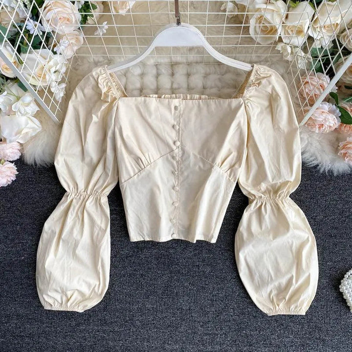 Levoire | Chemisier non mélangeant avec fermeture à boutons et col carré français Beige Une taille