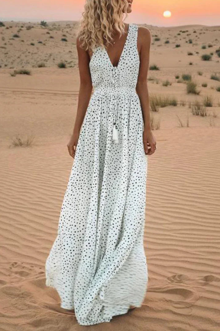 Levoire | Robes en patchwork à pois de style bohème, avec col en V et coupe A-line Blanc