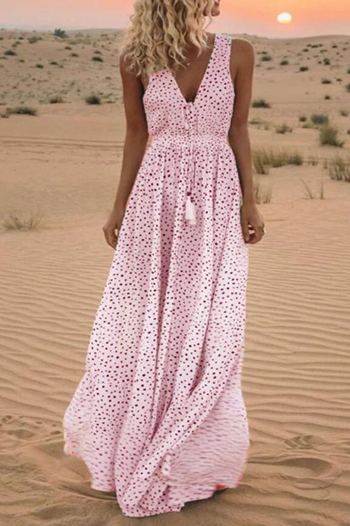 Levoire | Robes en patchwork à pois de style bohème, avec col en V et coupe A-line Rose