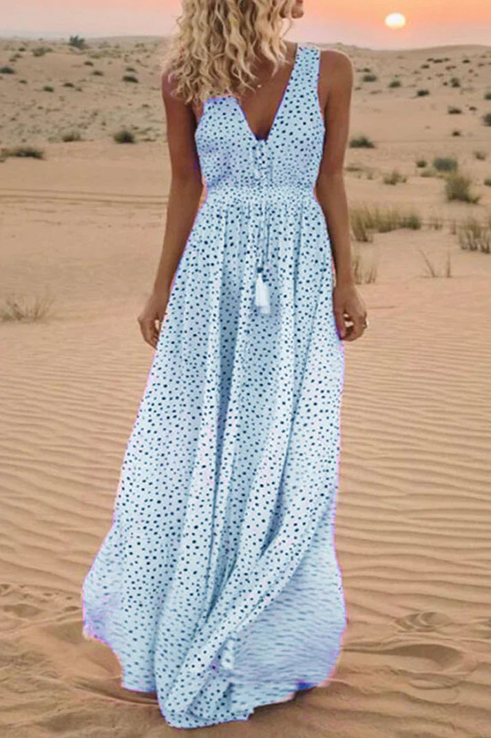 Levoire | Robes en patchwork à pois de style bohème, avec col en V et coupe A-line Bleu ciel