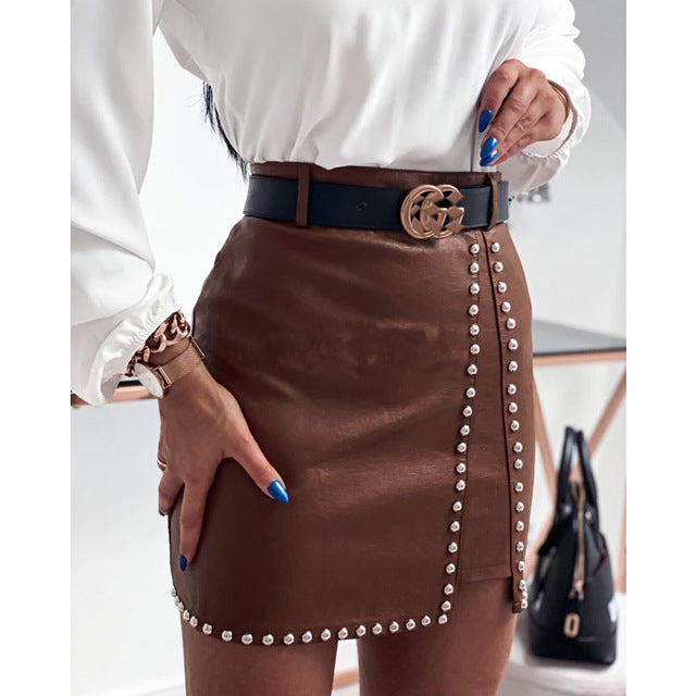 Levoire | Mode Élégante Clous PU Cuir Jupes Femmes Braun