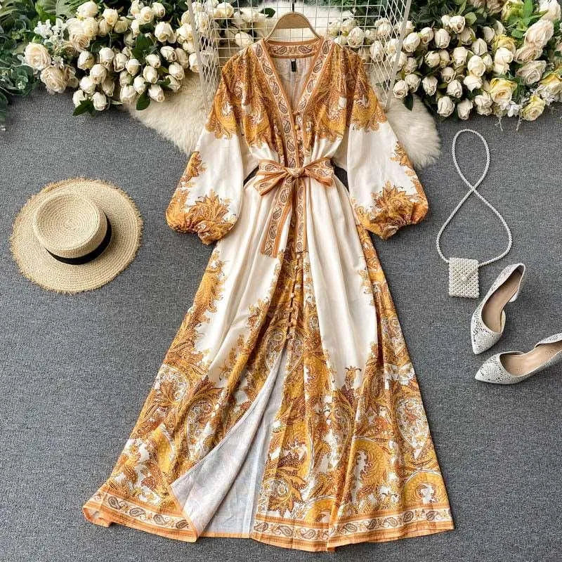 Levoire | Robe Fine Col V Rétro Jaune