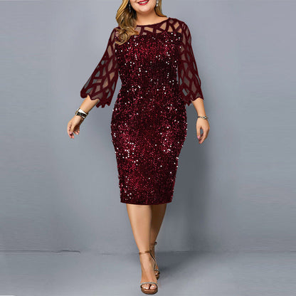 Levoire Robe femme avec manche en feuille de lotus et sequins Vin rouge