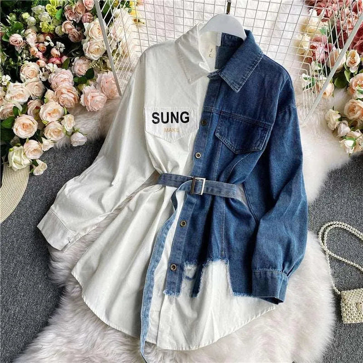 Levoire | Robe femme à manches longues et imprimés en denim Blanc Une taille