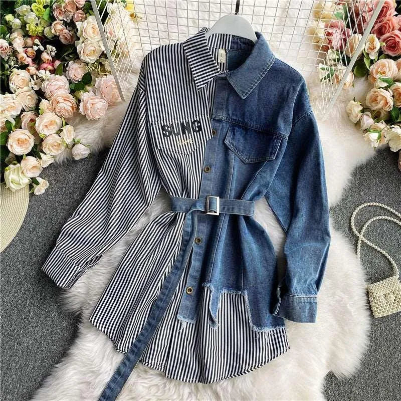 Levoire | Robe femme à manches longues et imprimés en denim Gris Une taille