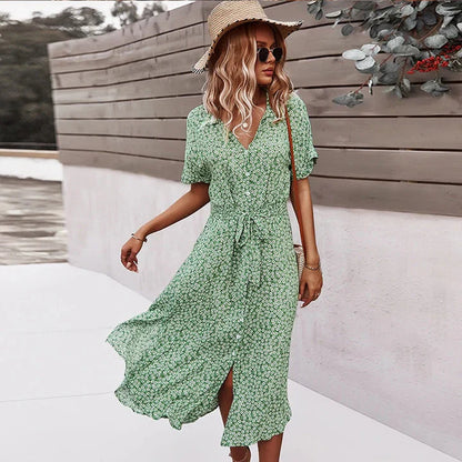 Levoire | Robe D'Été Élégante Pour Femmes Nouvelle Robe À Fleurs À Lacets Imprimée Vert