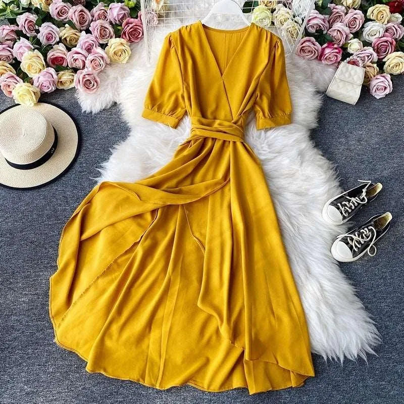 Levoire | Robe à décolleté en V rétro pour femmes Jaune Une taille