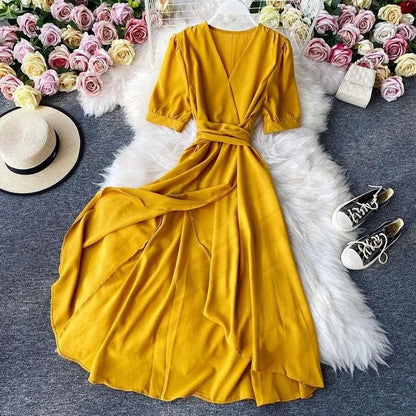 Levoire | Robe à décolleté en V rétro pour femmes Jaune Une taille