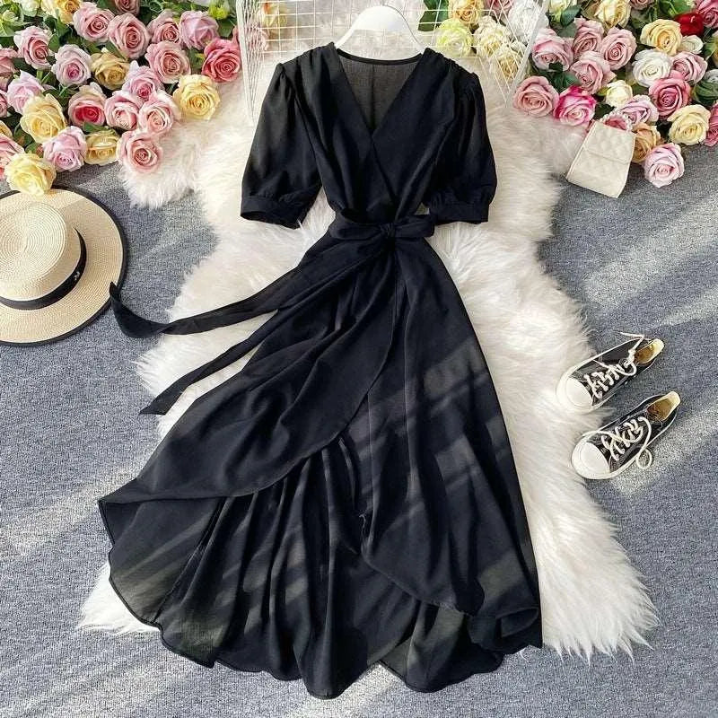 Levoire | Robe à décolleté en V rétro pour femmes Noir Une taille