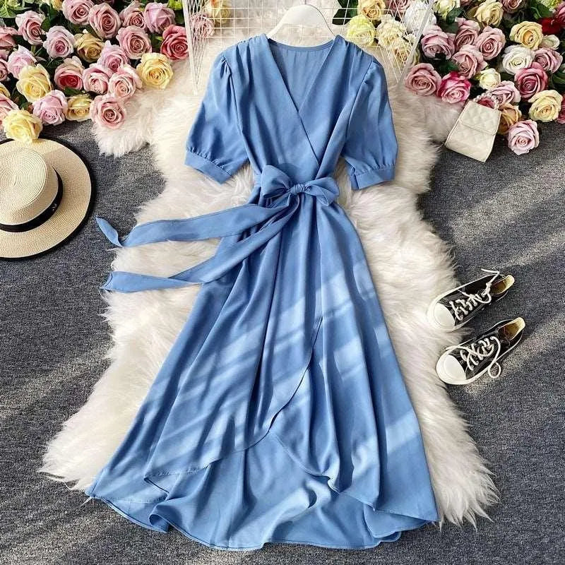 Levoire | Robe à décolleté en V rétro pour femmes Bleu ciel Une taille