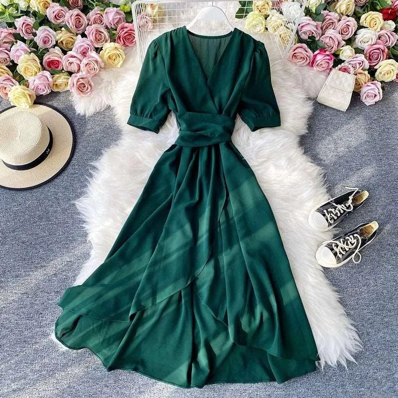 Levoire | Robe à décolleté en V rétro pour femmes Vert foncé Une taille