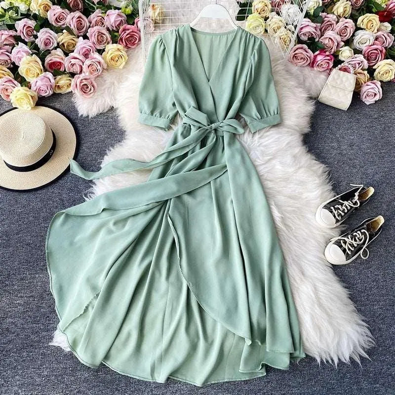 Levoire | Robe à décolleté en V rétro pour femmes Vert clair Une taille