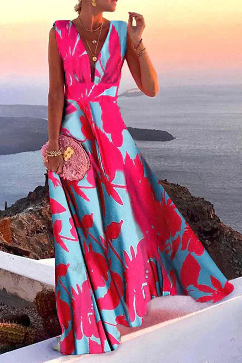 Levoire | Élégant Robe Longue À Col V Rose Bleu