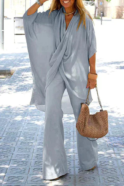 Levoire | Encolure En V Asymétrique Manches Demi Longueur Ensemble À Deux Pièces Gris clair