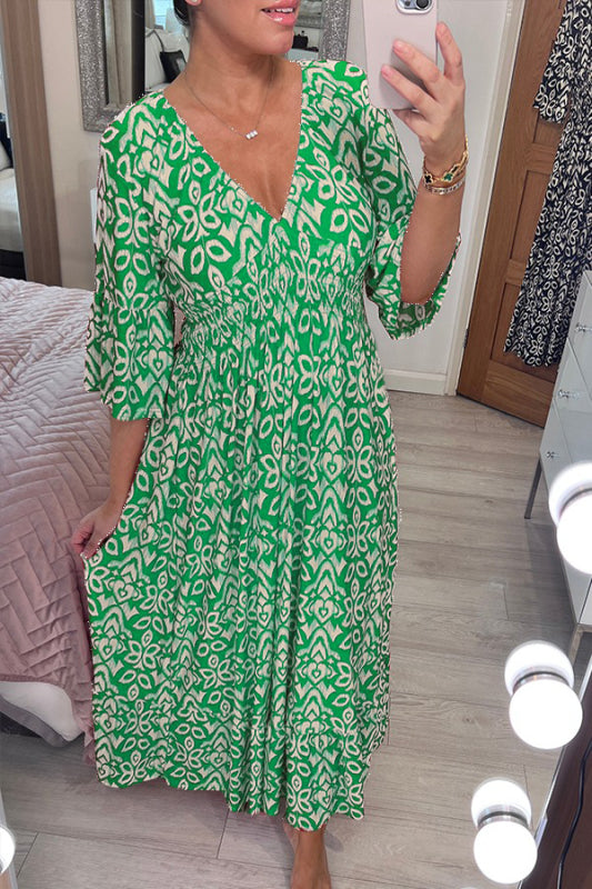 Levoire | Robe À Fleurs Bohémiène À Décolleté En V Décontractée Vert