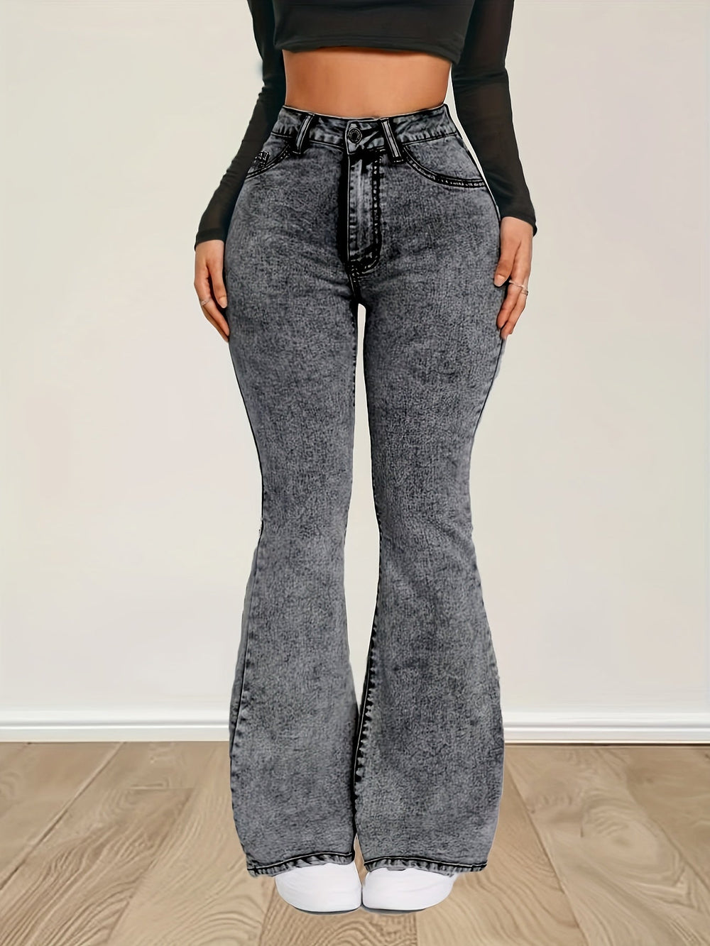 Levoire | Jean En Denim Stretch Gris Avec Taille Haute Et Boutons