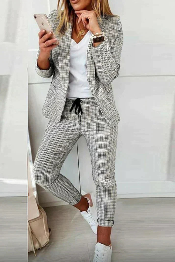 Levoire | Décontracté Street Plaid Manches Longues Ensemble Deux Pièces Blanc
