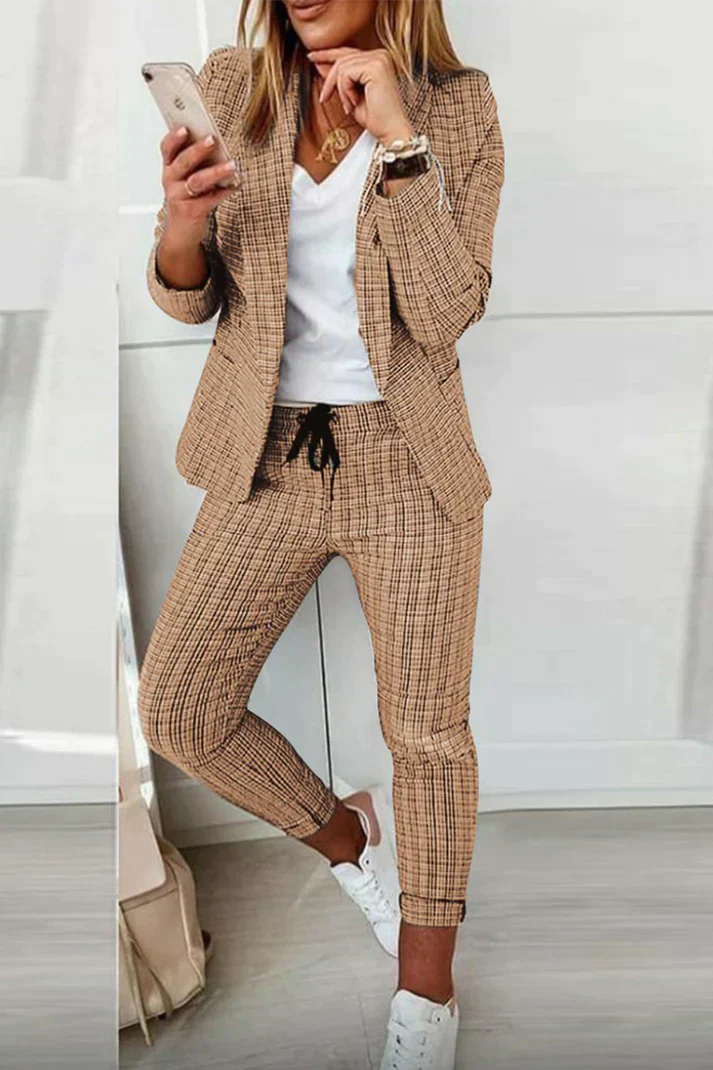 Levoire | Décontracté Street Plaid Manches Longues Ensemble Deux Pièces Khaki