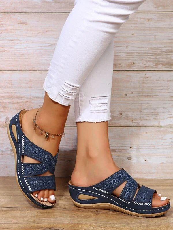 Levoire | Sandales À Plateau Et À Talons Compensés Plates Pour Femmes Avec Broderie Et Semelle Orthopédique Bleu
