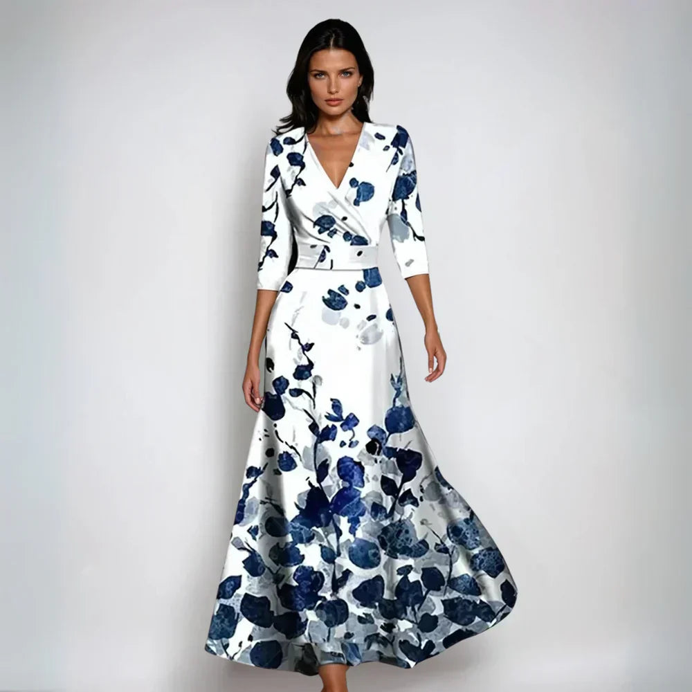 Levoire | Robe Élégante Avec Des Accents Floraux Blanc Bleu