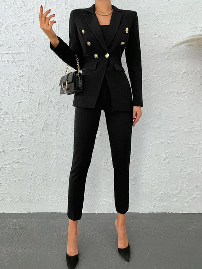 Levoire | Blazer Élégant À Manches Longues Avec Ceinture Et Pantalon Assorti Noir