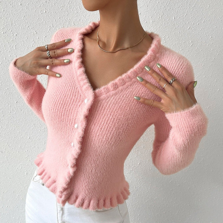 Levoire | Gilet En Tricot Confortable À Col En V Avec Décoration À Volants Et Manches Longues Rosa
