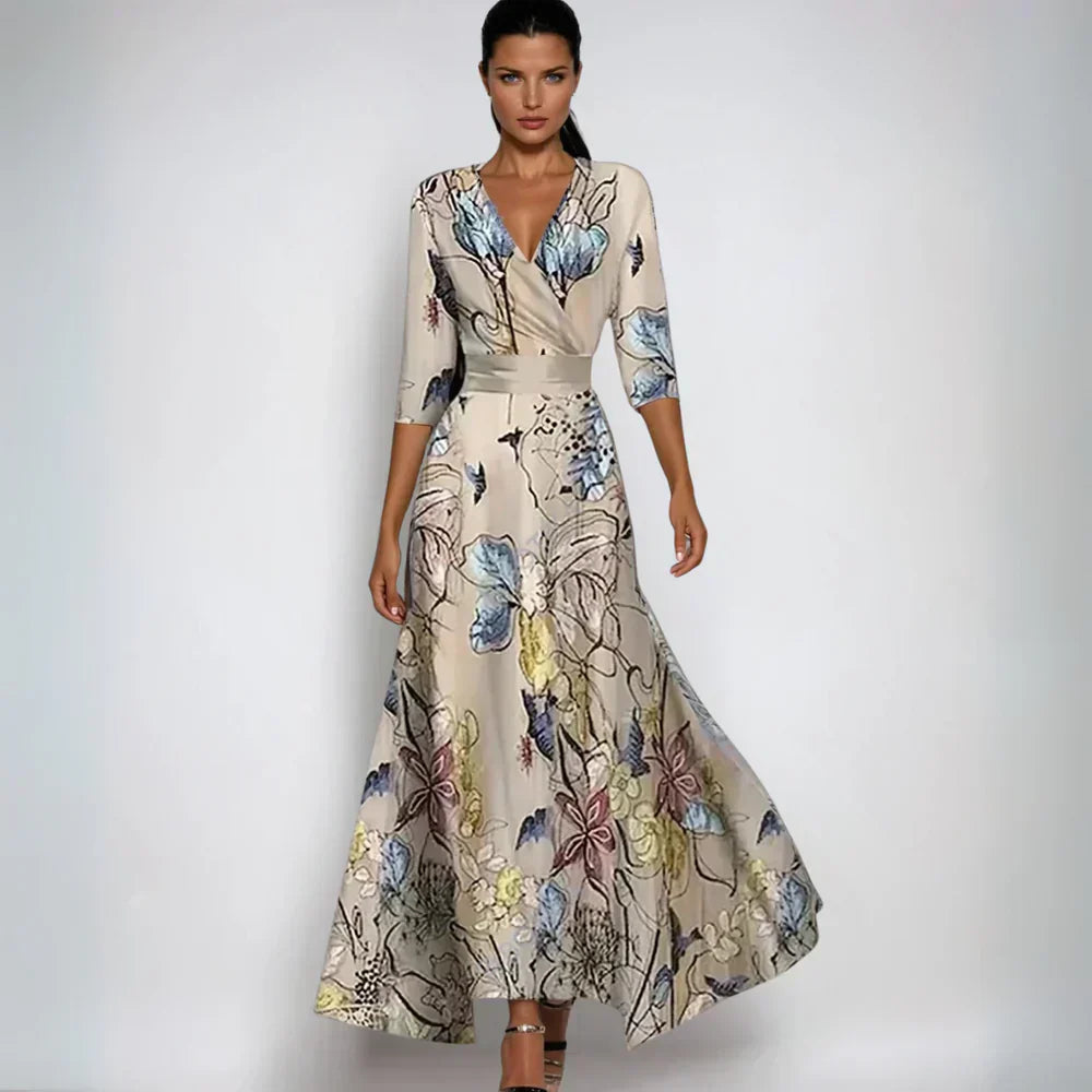Levoire | Robe Maxi Avec Décolleté En V Et Imprimé Abstrait Éclatant Pour Femmes Sable Beige