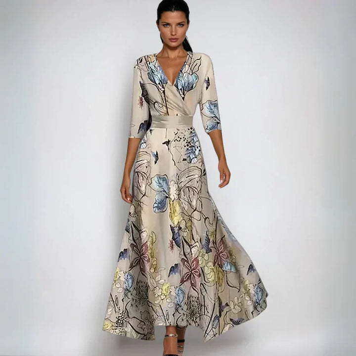Levoire | Robe Maxi Avec Décolleté En V Et Imprimé Abstrait Éclatant Pour Femmes Sable Beige