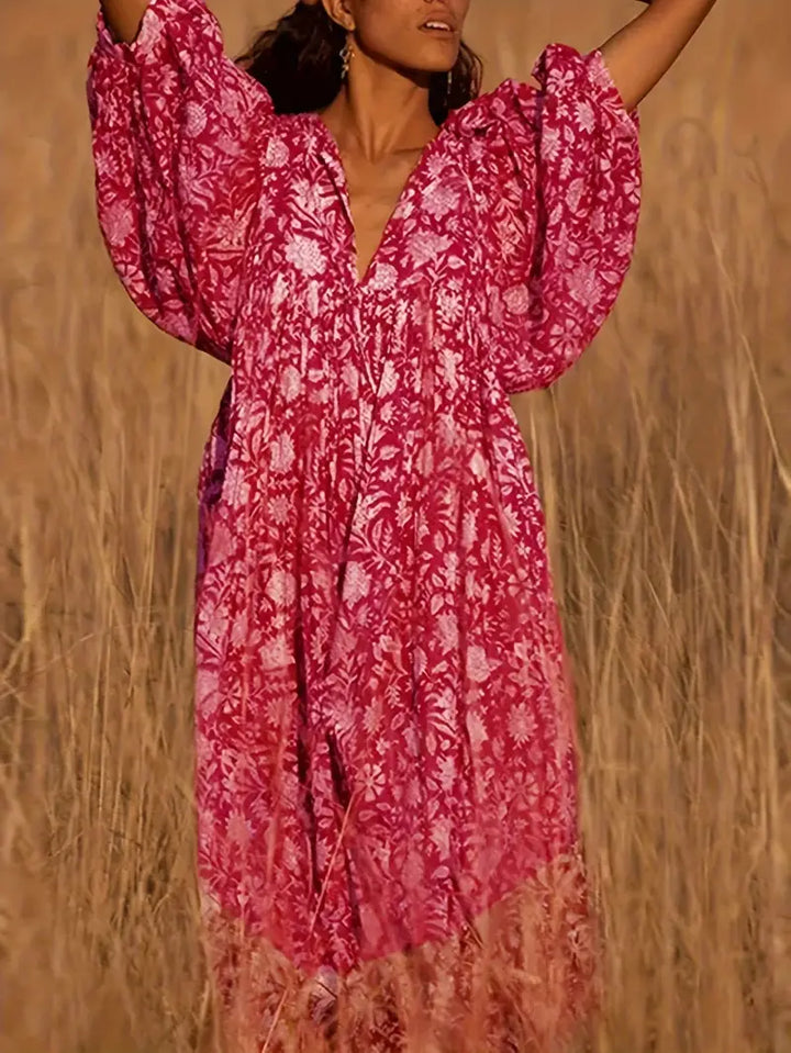 Levoire | Robe Maxi Boho Décontractée Avec Noeuds Décolleté En V Et Manches Courtes