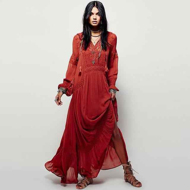 Levoire | Vintage Long Sleeve Embroidered Orange Red Maxi Dress