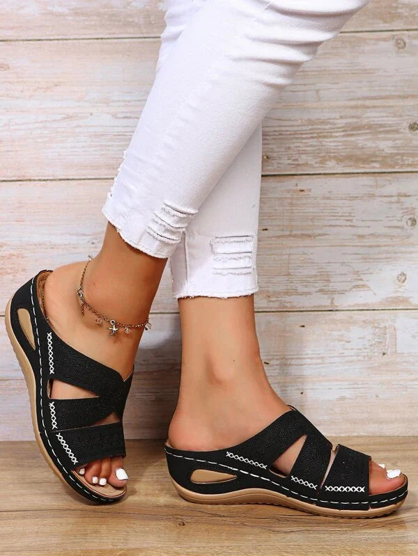 Levoire | Sandales À Plateau Et À Talons Compensés Plates Pour Femmes Avec Broderie Et Semelle Orthopédique Noir