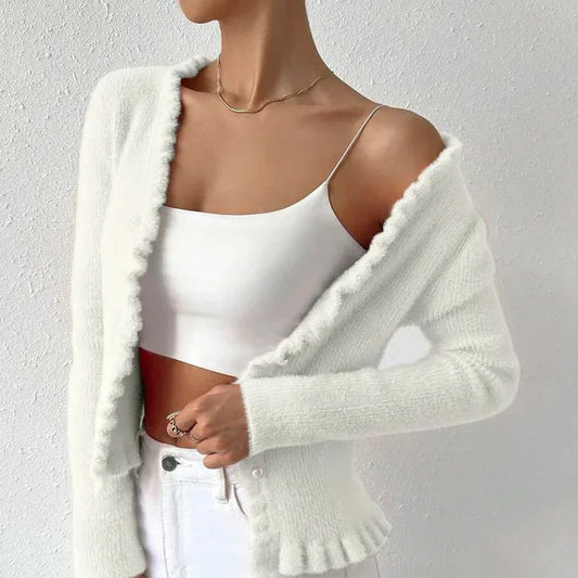 Levoire | Gilet En Tricot Confortable À Col En V Avec Décoration À Volants Et Manches Longues