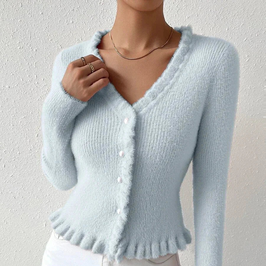 Levoire | Gilet En Tricot Confortable À Col En V Avec Décoration À Volants Et Manches Longues Bleu